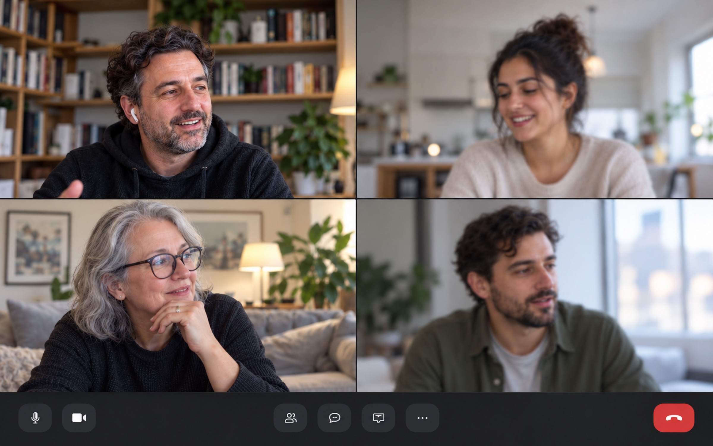 A video call with four people and a Floate note with meeting notes floating on top