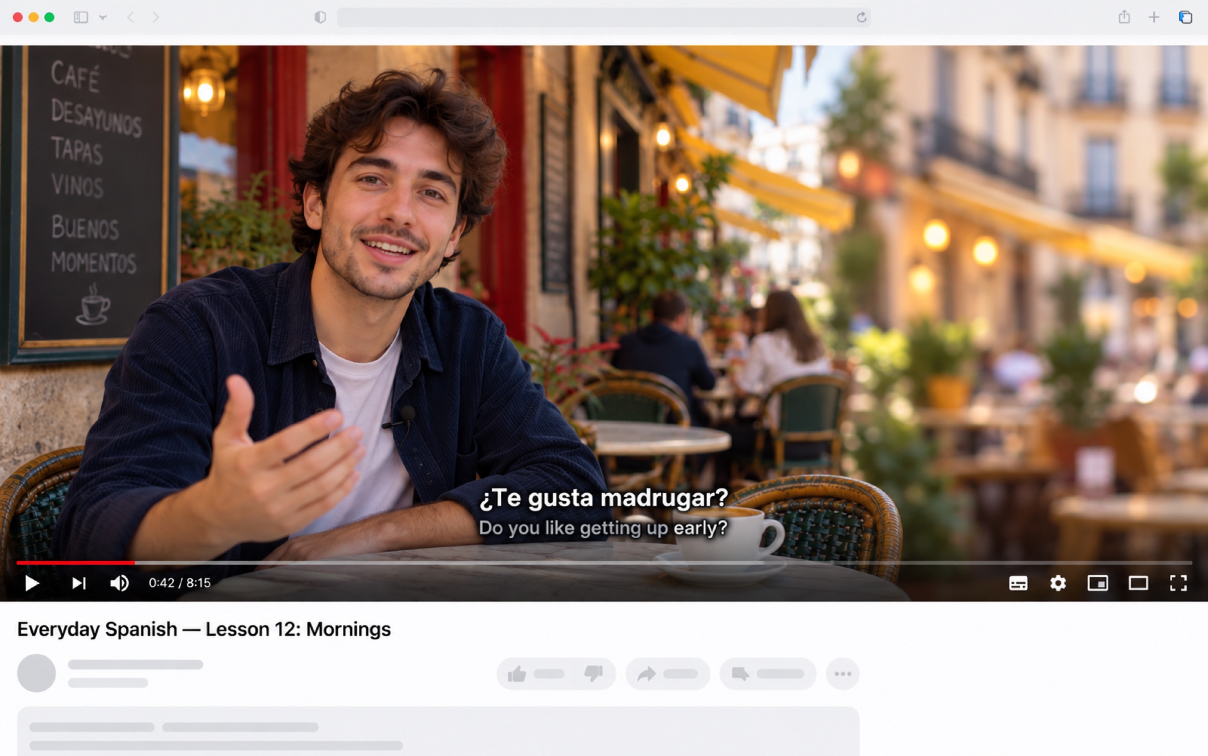 A Spanish lesson video with a Floate vocabulary note floating on top