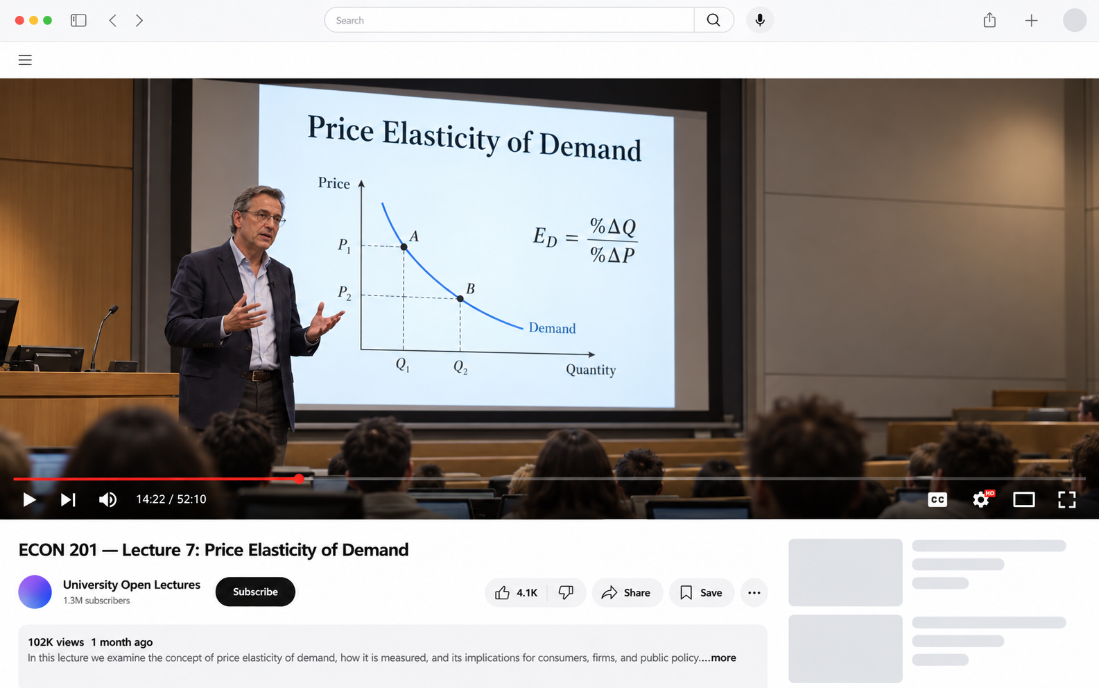 An online university economics lecture playing in a browser with a Floate note floating on top